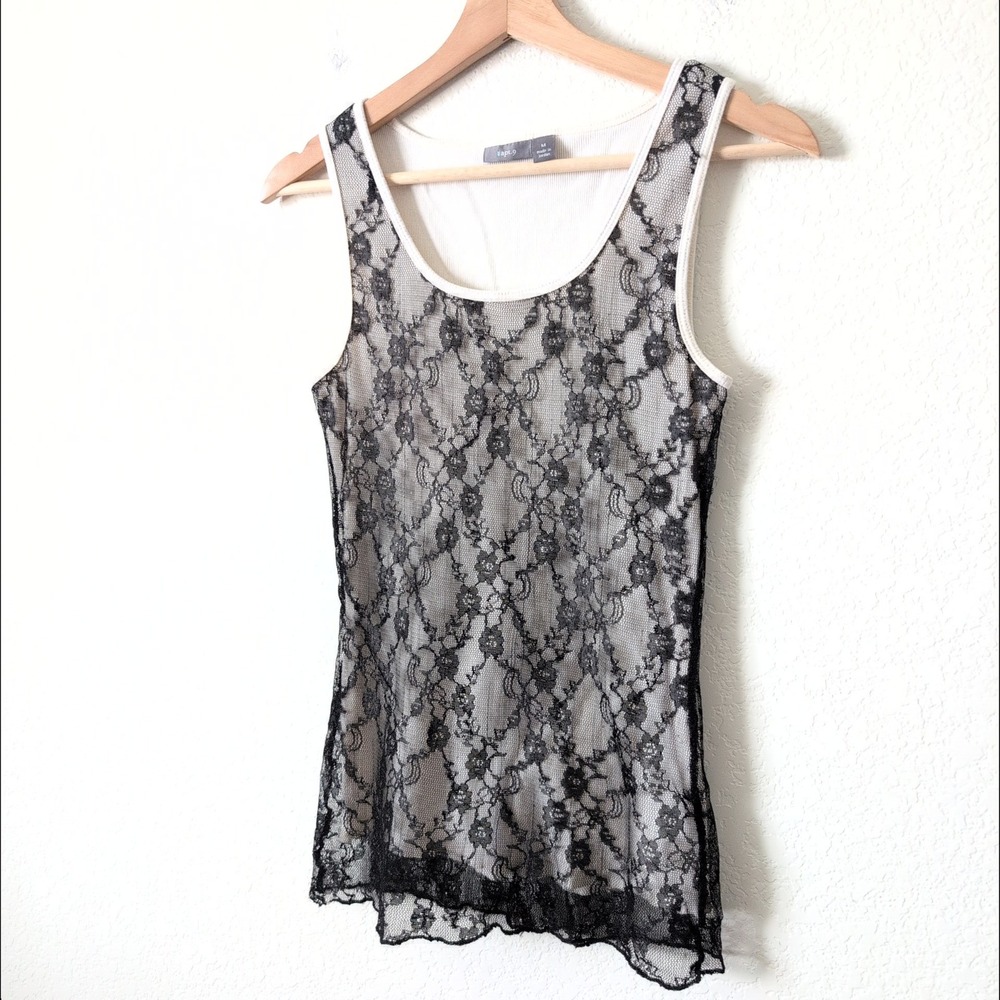Y2K Black Floral Lace Overlay White Ribbed Tank Top Medium Whimsygoth Ethereal
